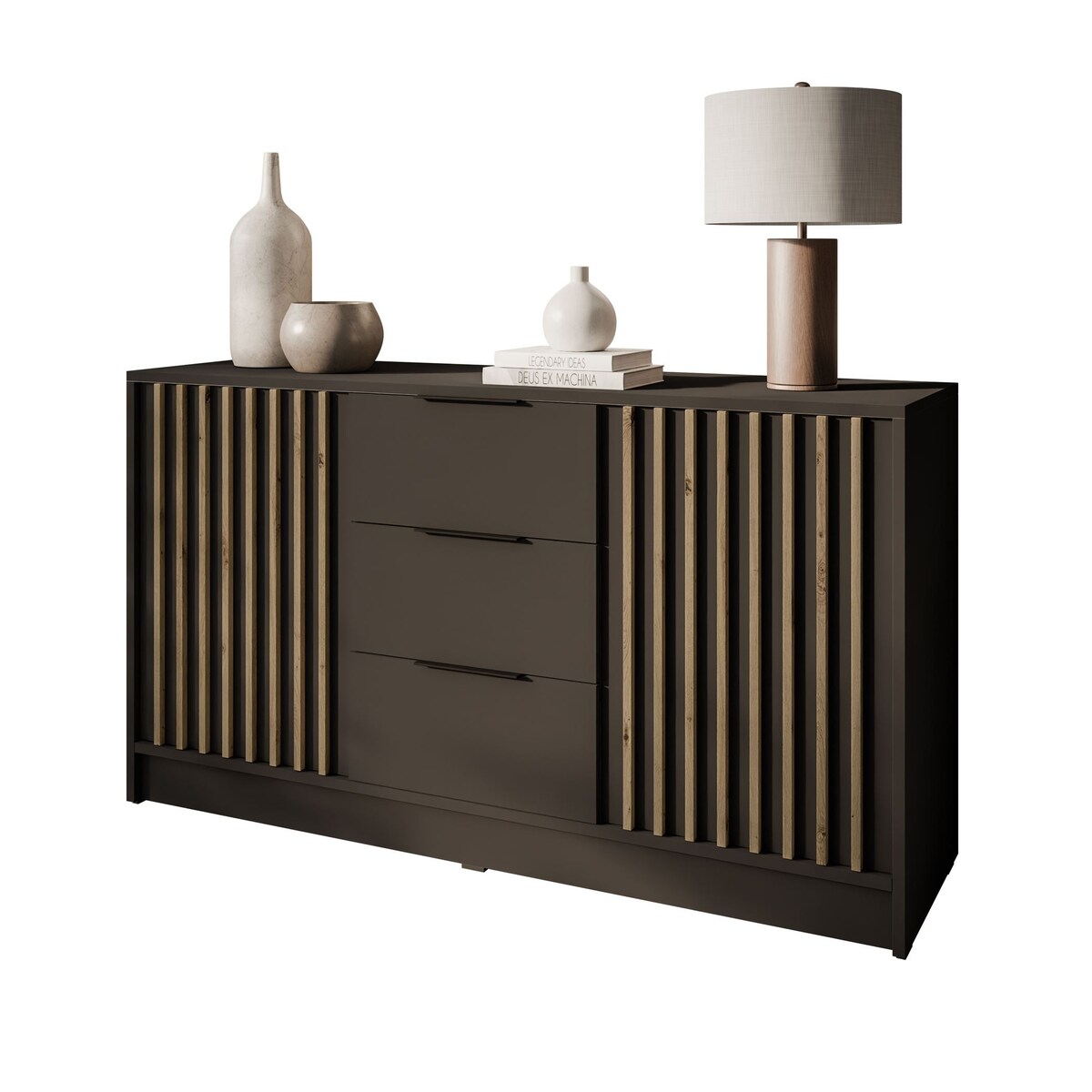 Dwudrzwiowa komoda NELA z lamelami, grafit + dąb artisan