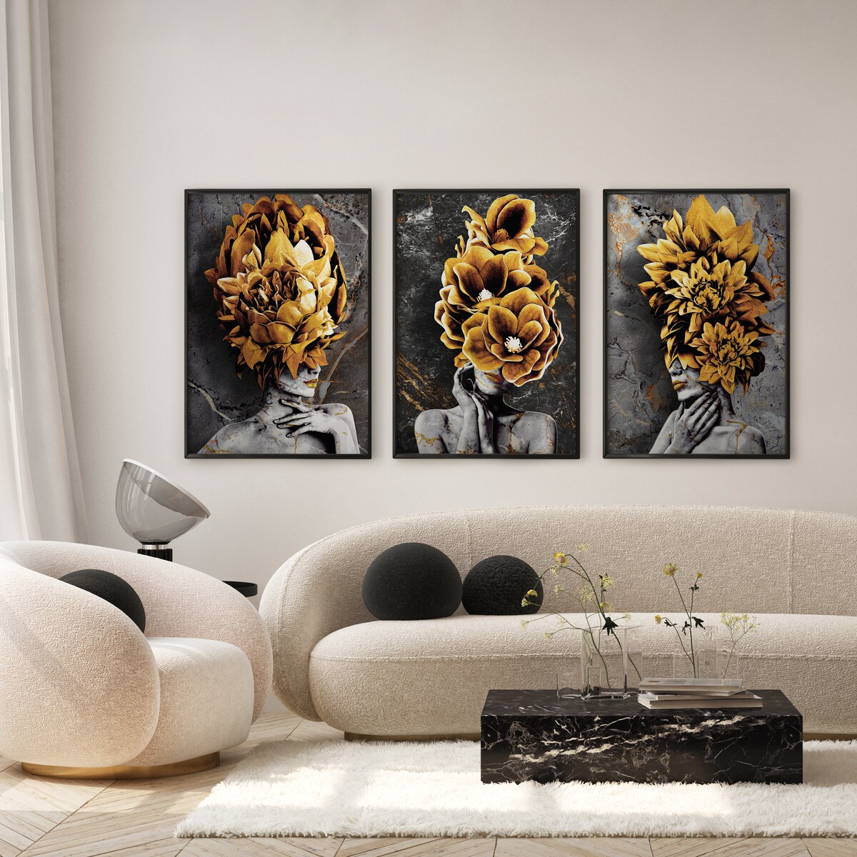 ZESTAW 3X PLAKAT W RAMIE DO SALONU ABSTRAKCJA PORTRETY KWIATY MARMUR 60x80cm