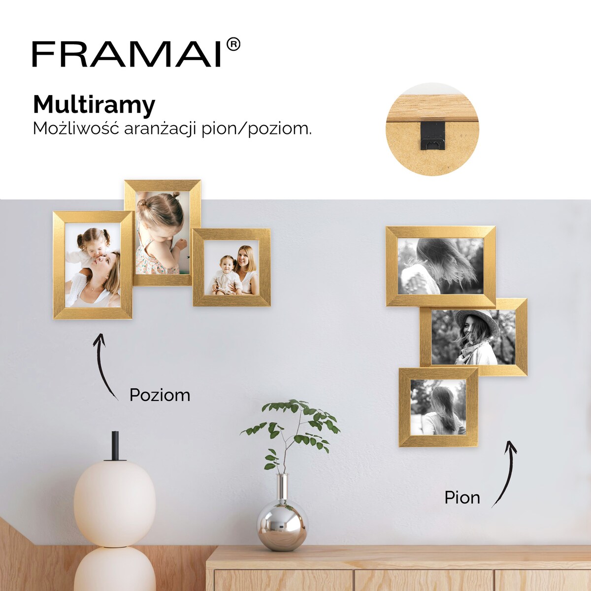 Multirama ramka na zdjęcia. Złota multirama na trzy zdjęcia 10x15 cm 10x10 cm Ramka na zdjęcia 3 w 1 MULTI HEN 4 FRAMAI®