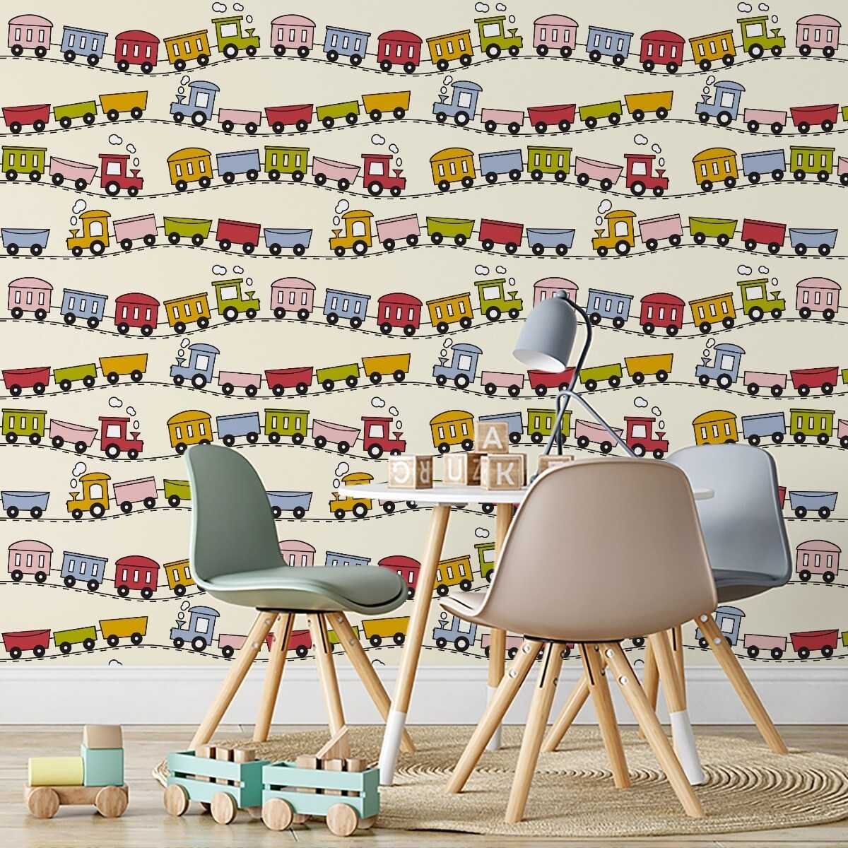 Tapeta Dla Dzieci KOLOROWE Kolejki Pociągi Tory