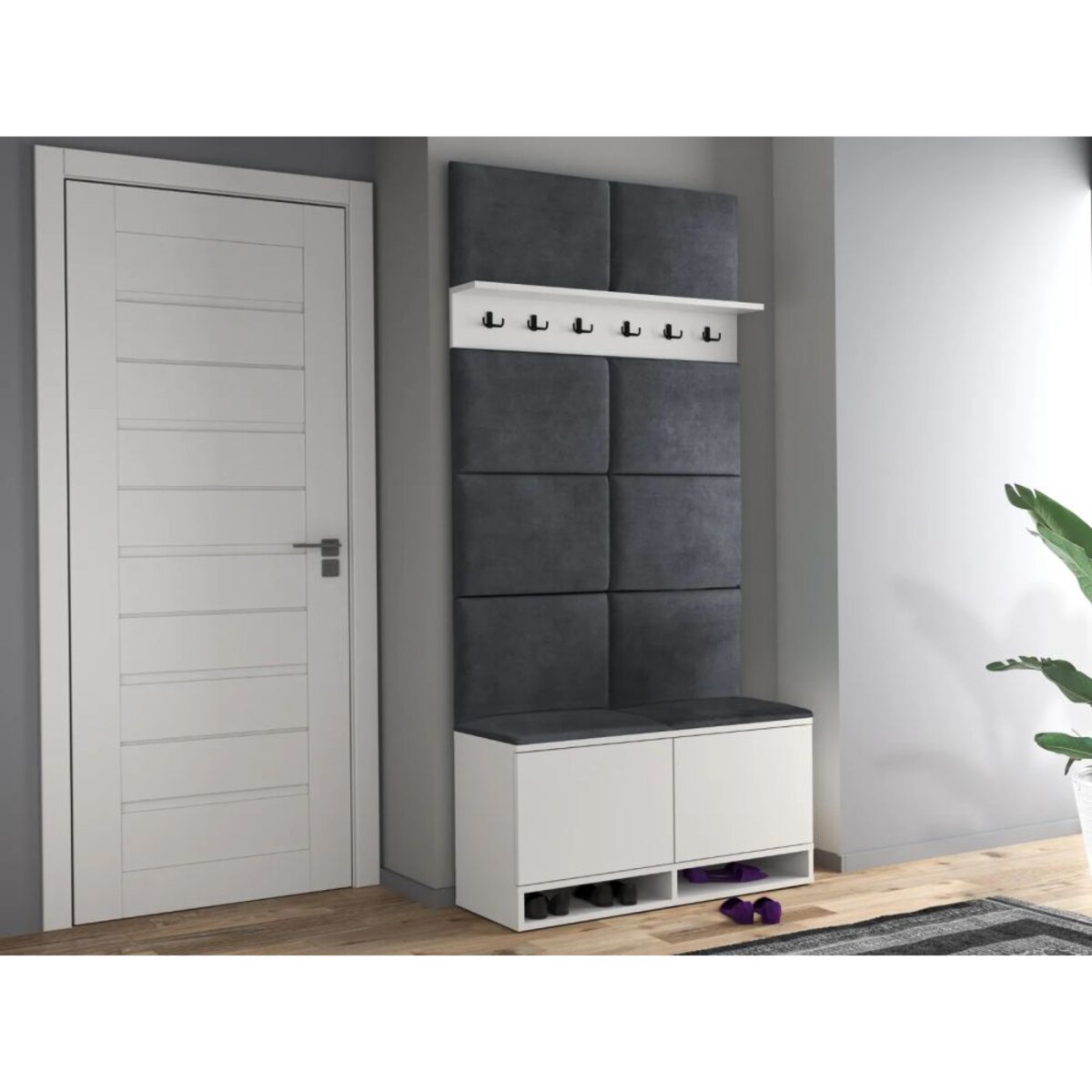 Szafka na buty z siedziskiem i wieszakiem DUBAI biała/szara