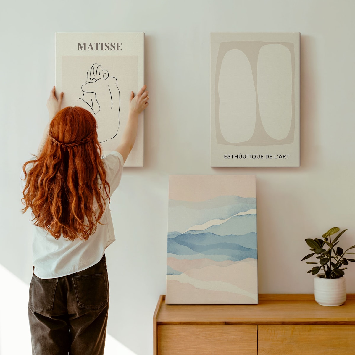 Zestaw 3 dużych obrazów na płótnie - Abstrakcyjne formy Matisse - beżowy