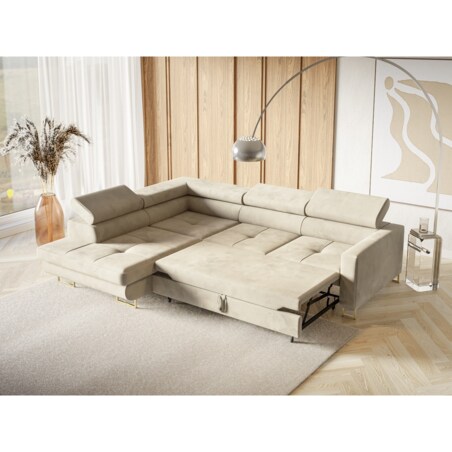 Narożnik rozkładany MERY z regulowanymi zagłówkami na złotych nóżkach lewy