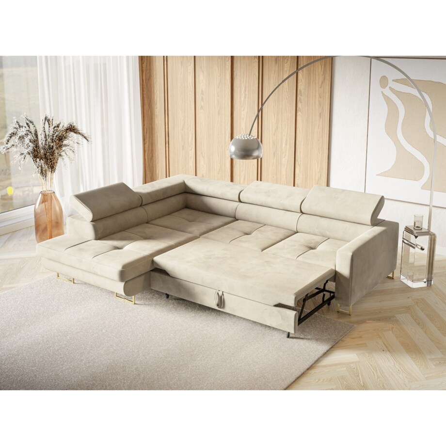 Narożnik rozkładany MERY z regulowanymi zagłówkami na złotych nóżkach lewy