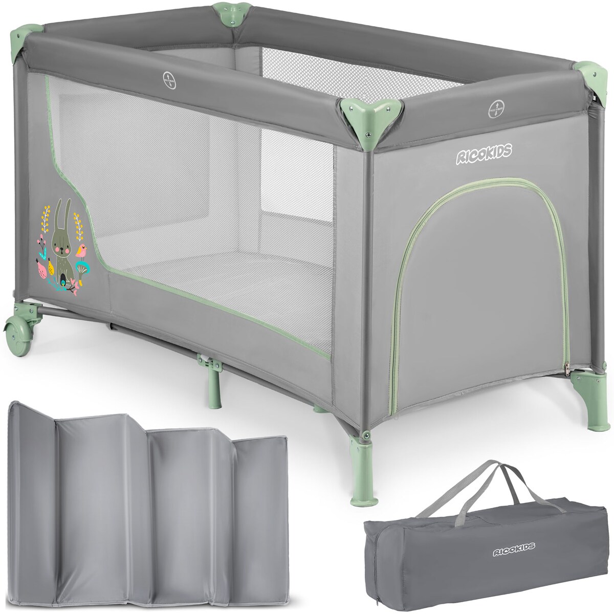 Łóżeczko turystyczne dla dziecka składane podróżne kojec Ricokids + materac + torba