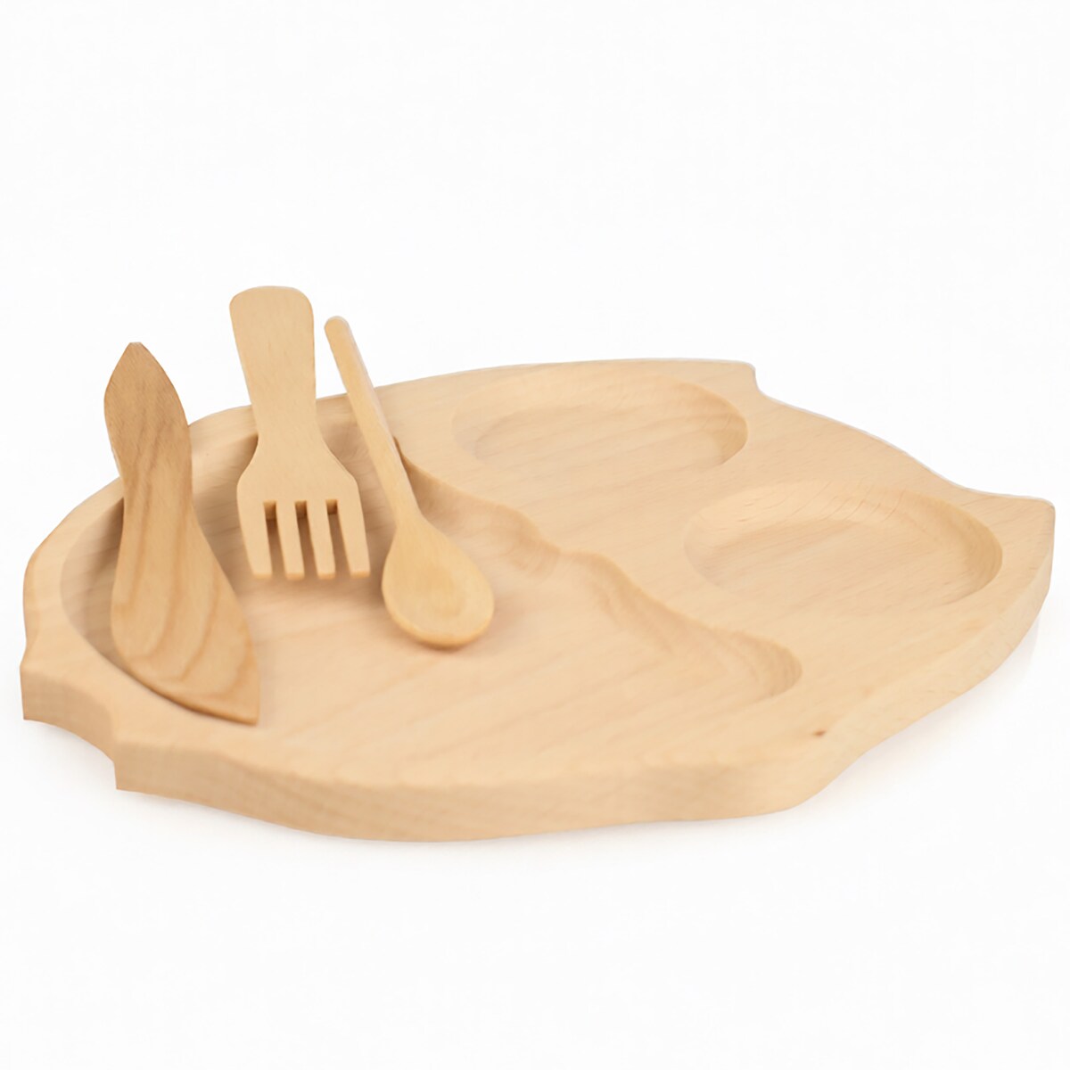 Tacka Drewniana Dla Dzieci Sowa Zestaw Talerzyk + Sztućce Naturalne Drewno