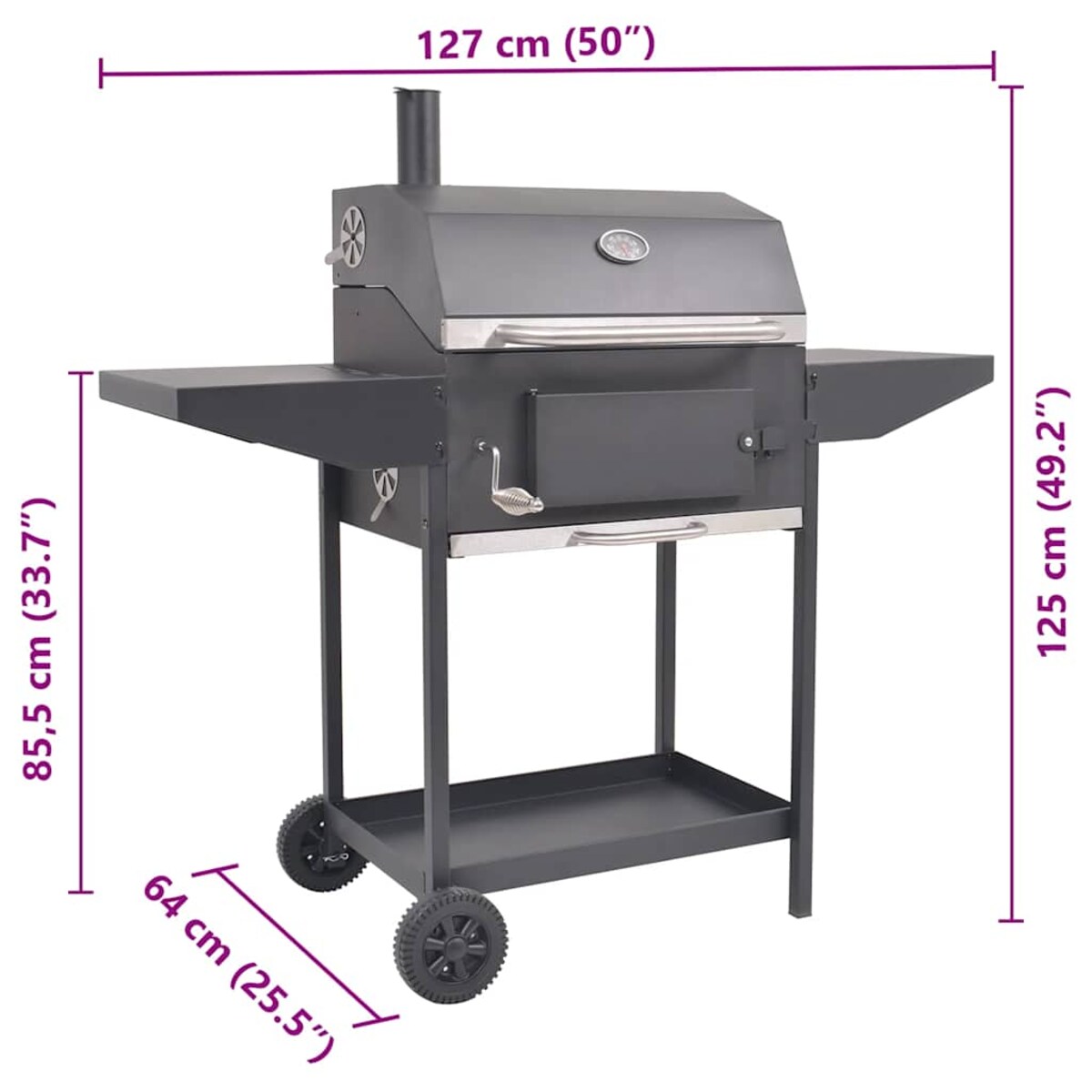 vidaXL Grill węglowy z wędzarnią i dolną półką, czarny