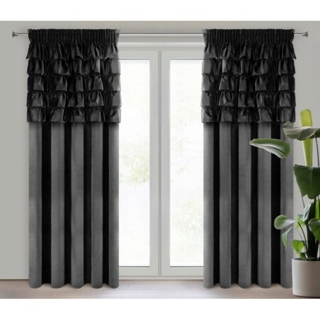 Zasłona Zaciemniająca WELUROWA Gotowa na TAŚMIE z FALBANAMI 140 x 270 CZARNA