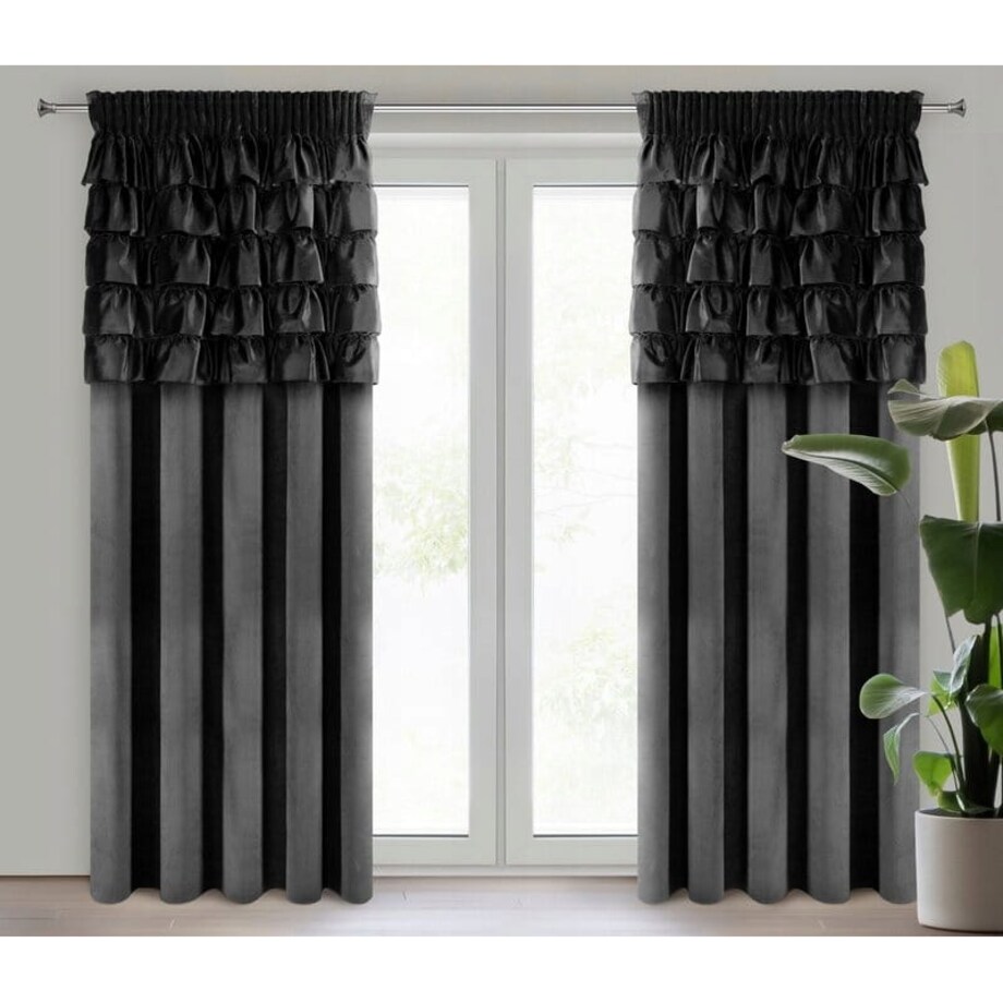 Zasłona Zaciemniająca WELUROWA Gotowa na TAŚMIE z FALBANAMI 140 x 270 CZARNA