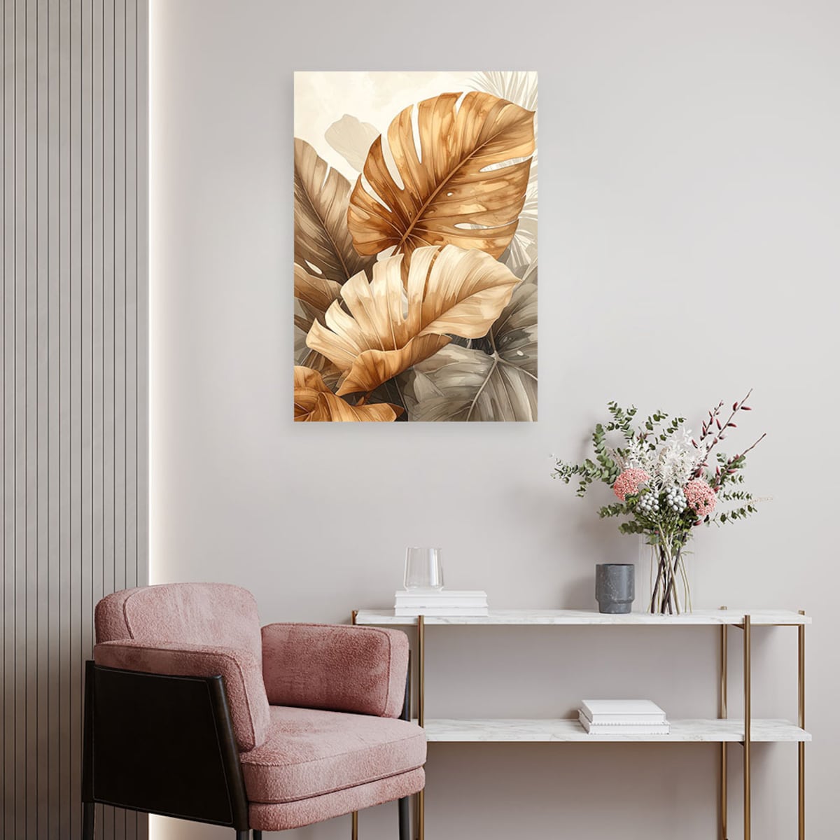 Obraz do salonu sypialni, Złote liście tropikalne w eleganckiej kompozycji 60x90cm