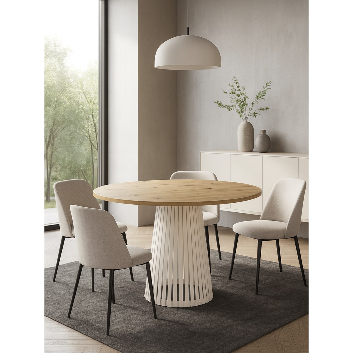 Stół VIV okrągły z lamelami, blat 90 cm dąb craft złoty -podstawa kaszmir