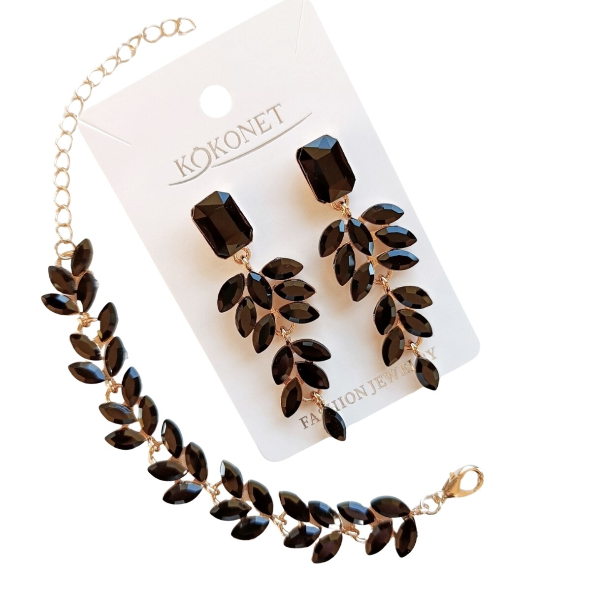 Zestaw kolczyki i bransoletka czarne oczka pozłacany elegancki prezent