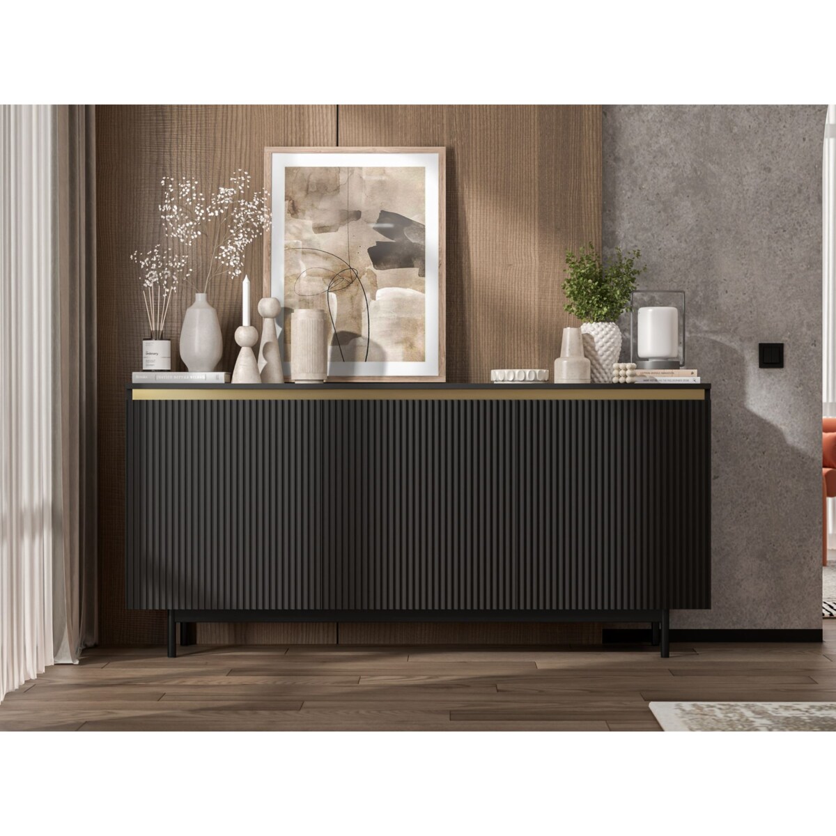 Komoda RTV Glamour 167 cm czarna matowa ryflowane fronty czarna rama