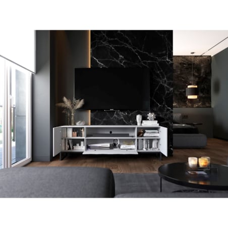 Szafka RTV Glamour Nowoczesna Komoda RTV Ryflowane Fronty Loft Biały Mat 300 cm