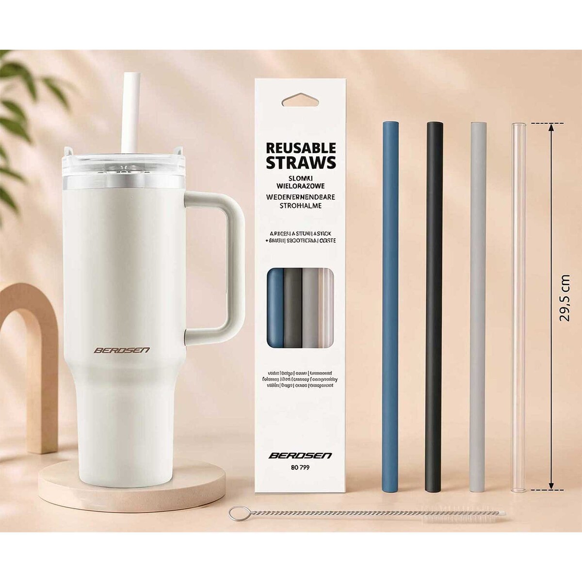 Kubek termiczny Berdsen kremowy 1180ml stal nierdzewna zimne ciepłe napoje + zestaw słomek
