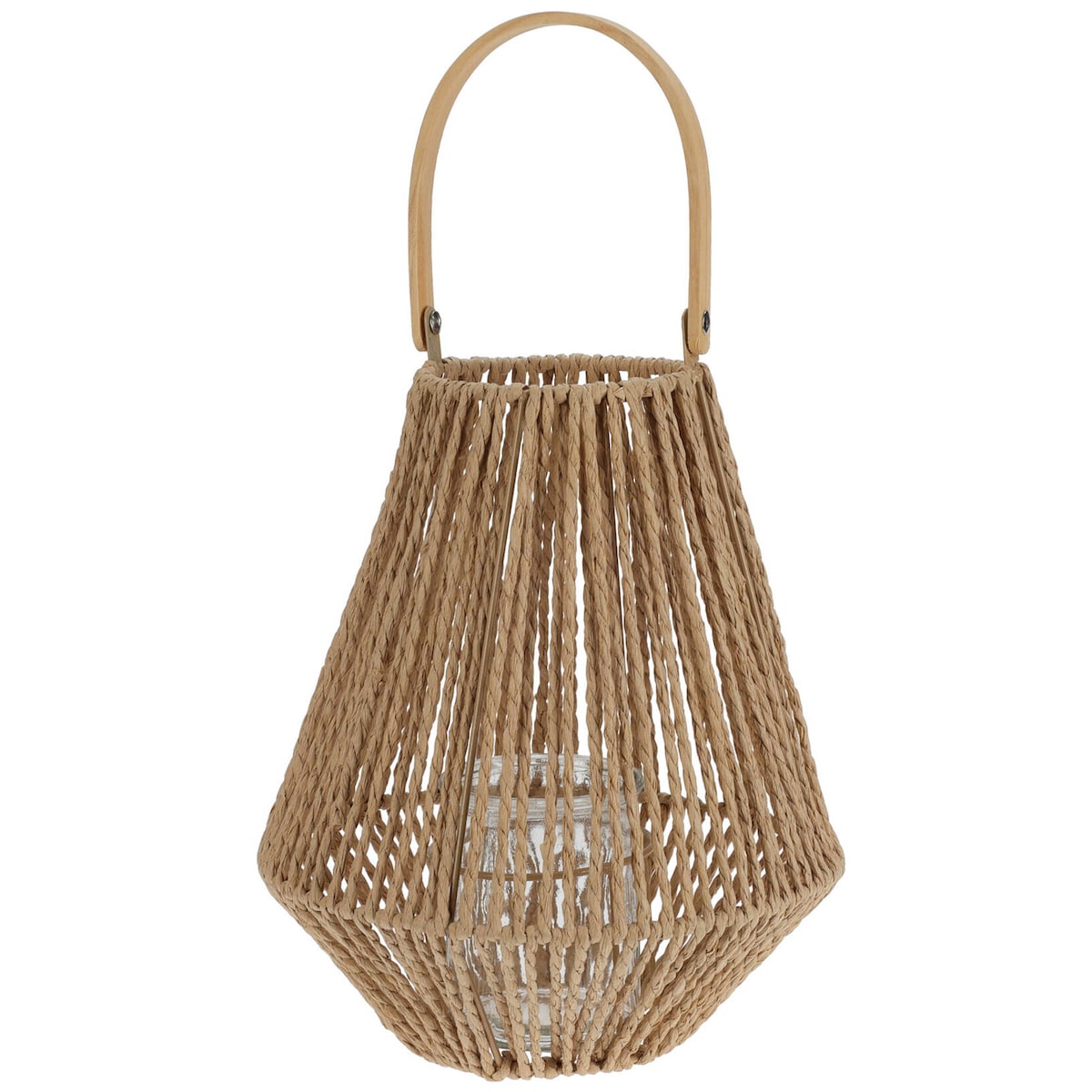 Lampion na świeczkę, pleciony, z drewnianym uchwytem