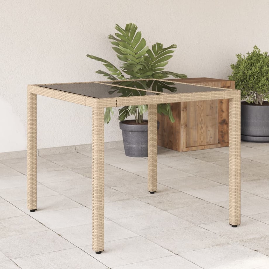 vidaXL Stół ogrodowy ze szklanym blatem, beż, 90x90x75 cm, polirattan