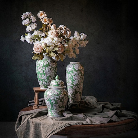 WAZON NA KWIATY TULIPANY BUKIET CERAMICZNY ZIELONY BIAŁY DUŻY DO DOMU 30cm