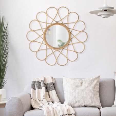 Lustro ścienne Almeria, kolor brązowy, rattan i żelazo, 65,5 x 3 x 65,5 cm, do salonu i przedpokoju, Mauro Ferretti