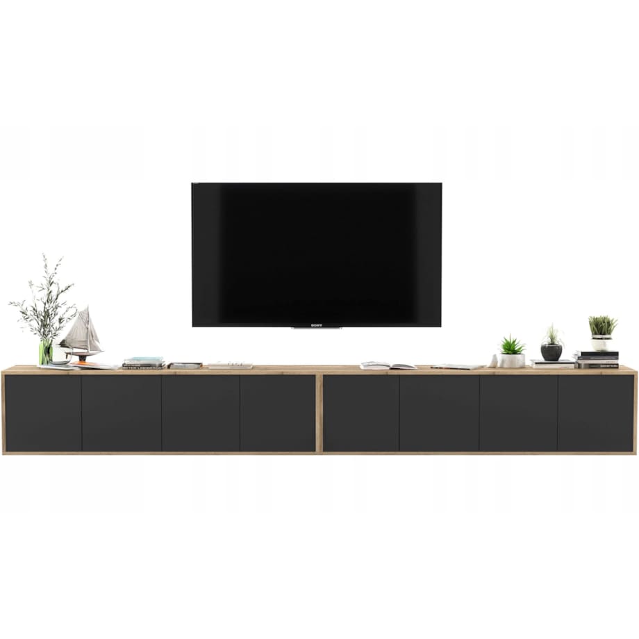 Wisząca Szafka RTV Loft Komoda RTV Dąb Wotan Czarny MAT 300 cm