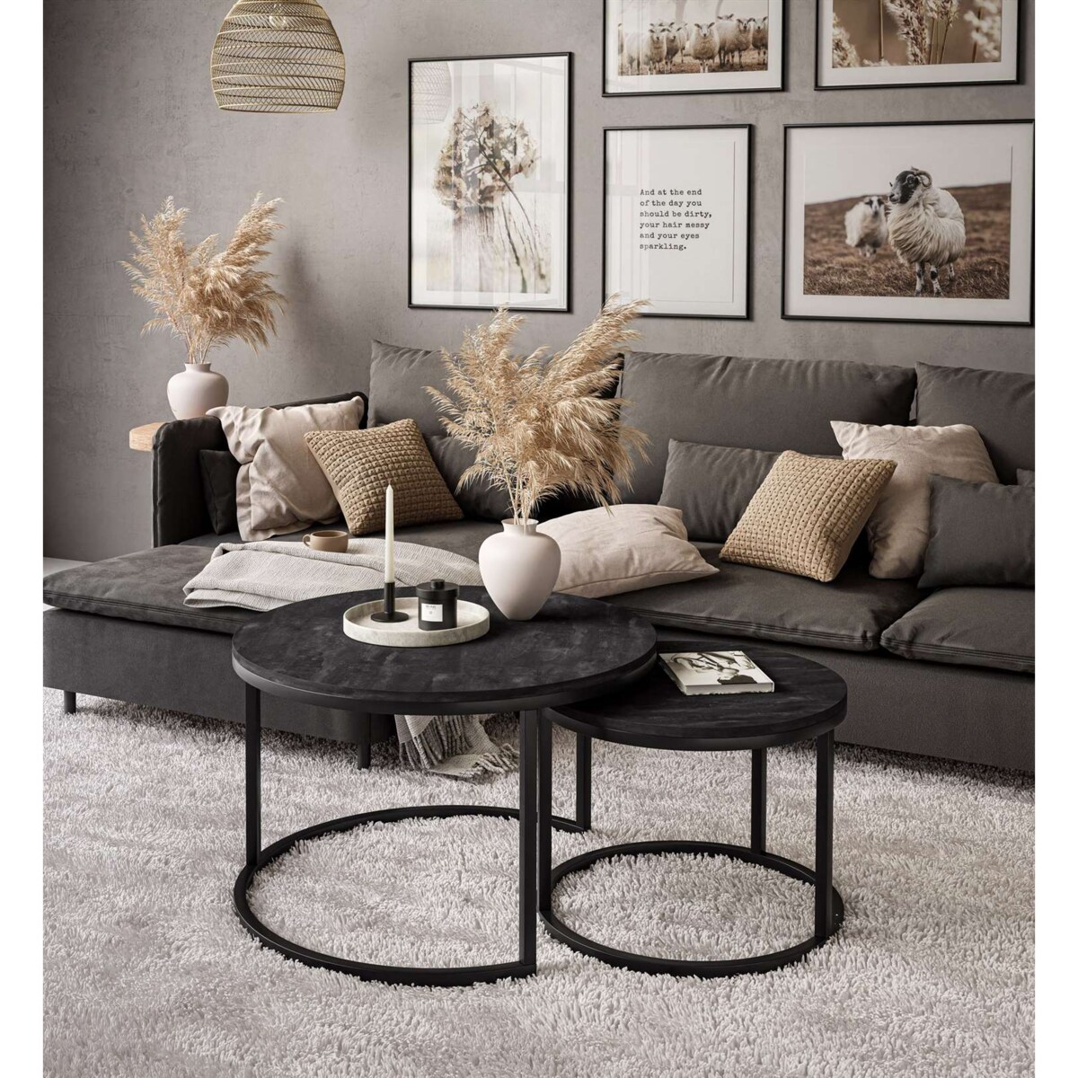 Okrągły stolik kawowy CIRI 2w1 czarny ciemny beton