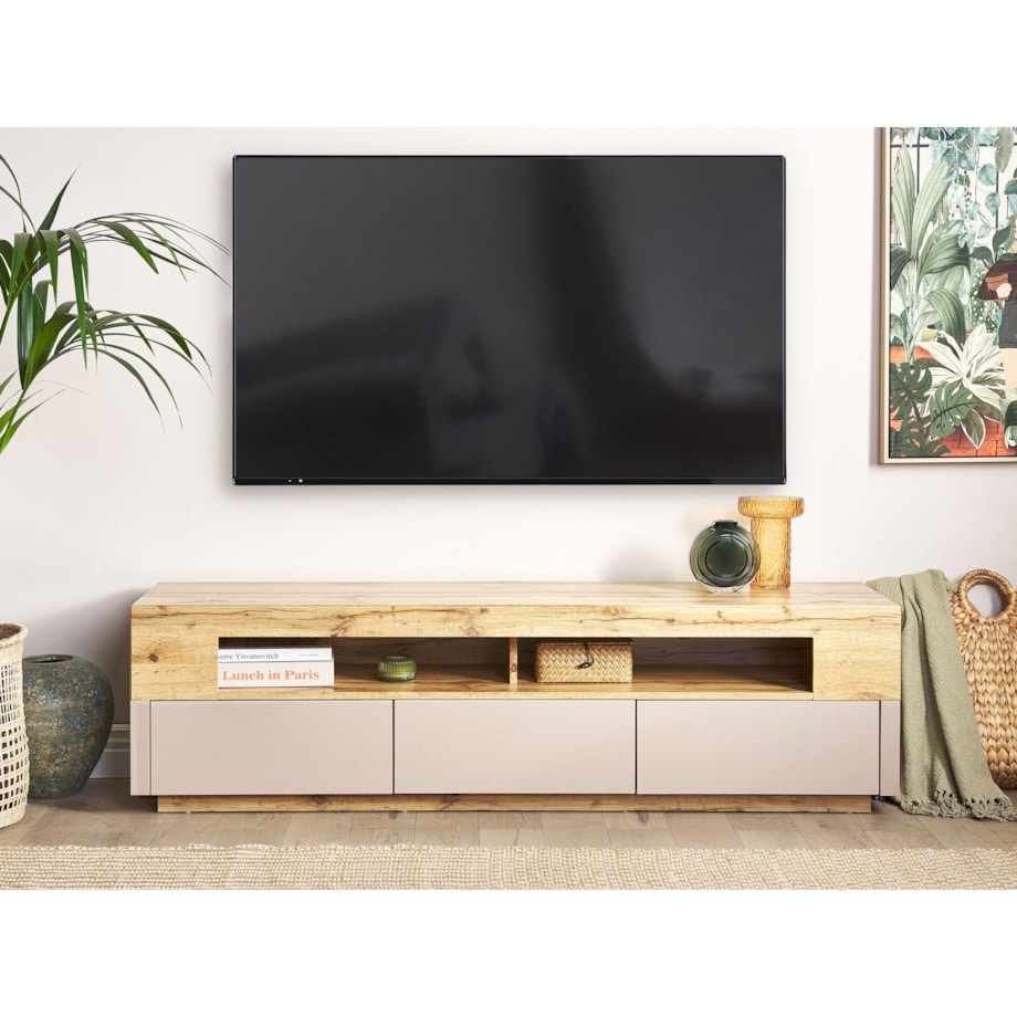 Szafka RTV jasne drewno z beżowym ANTONIO