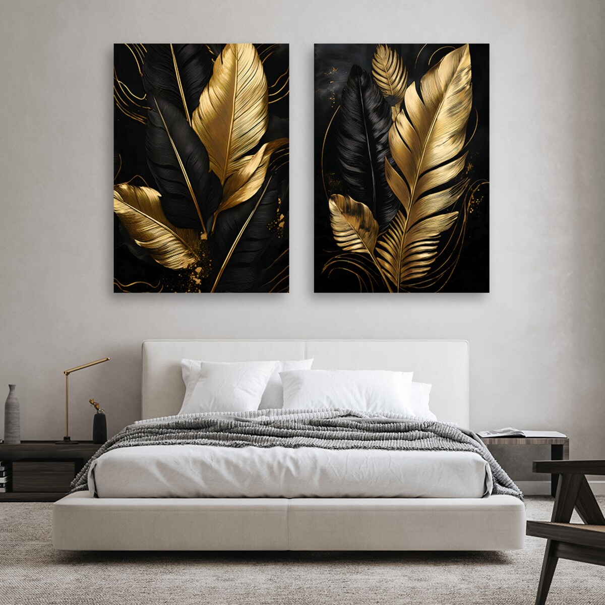 Feeby Zestaw 2 obrazów do salonu sypialni, Złote Palmowe Liście Glamour 120x90 (2x60x90)