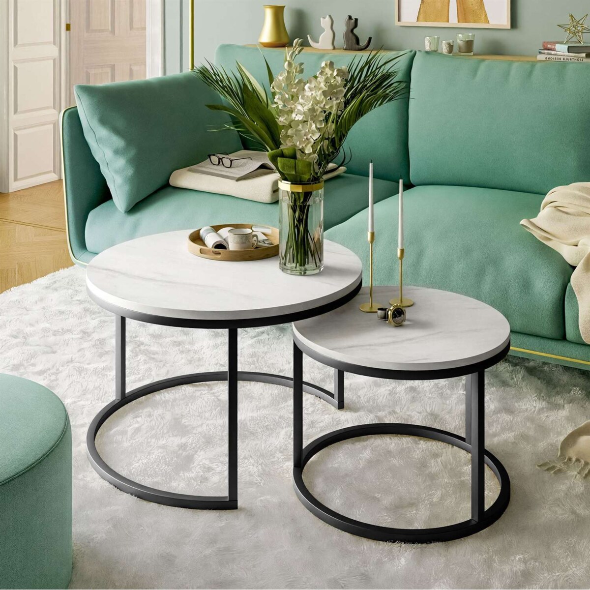 Okrągły stolik kawowy CIRI 2w1 czarny marmur levanto 50/70 cm