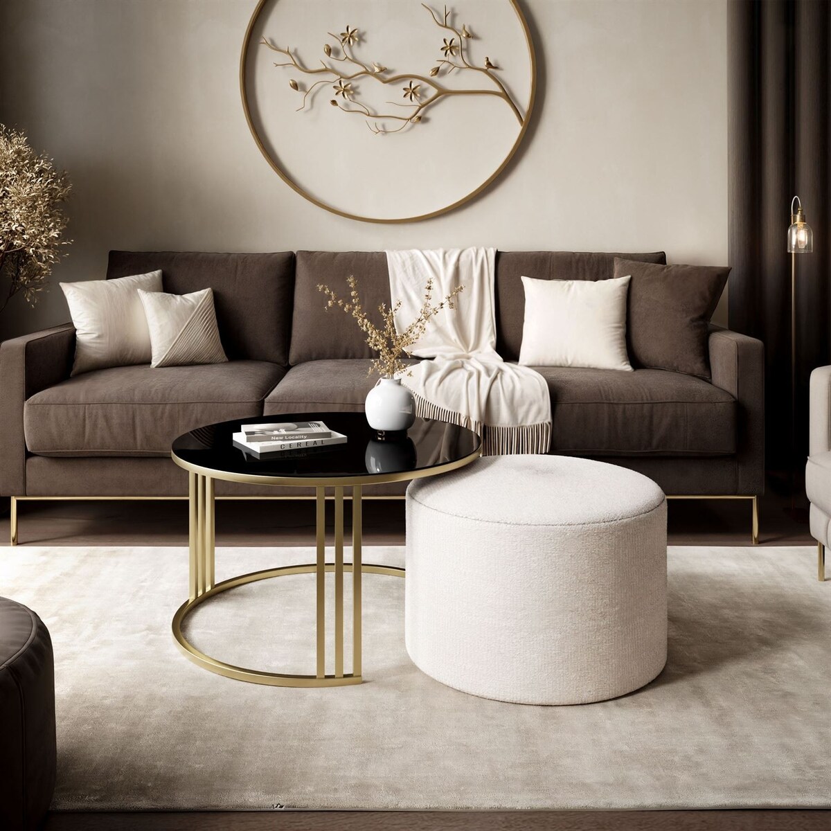 Stolik kawowy z pufą LORI GLASS złoto szczotkowane, czarne szkło / Perfect Harmony 01