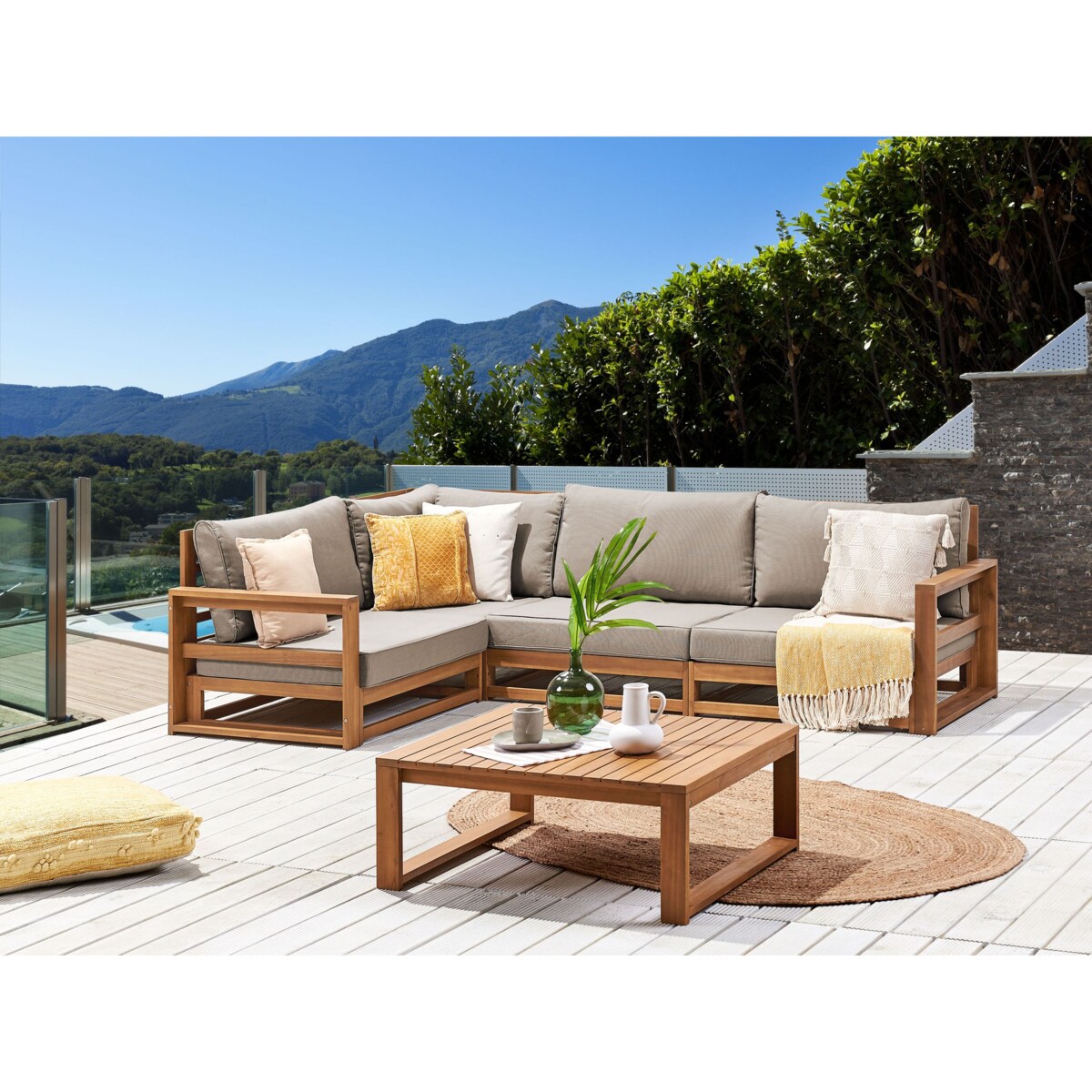 Narożnik ogrodowy ze stolikiem dla 4 osób TIMOR Prawostronny Modułowy Certyfikowane drewno akacjowe Jasnobrązowy