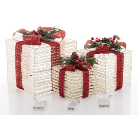 Dekoracja pudełka 3 szt. świecące LED 29x25x25 i 25x20x20 i 20x15x15 cm GEMARA biała z czerwoną kokardą