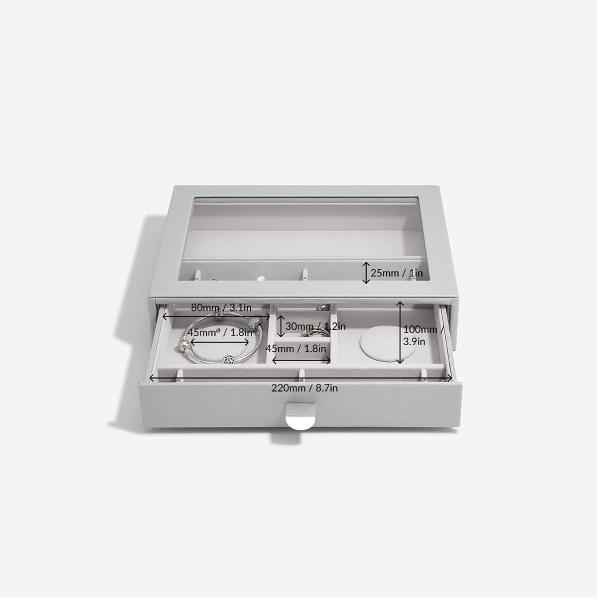 Szkatułka na charmsy Stackers Pebble classic kamienna szarość z szufladą i szklaną pokrywką