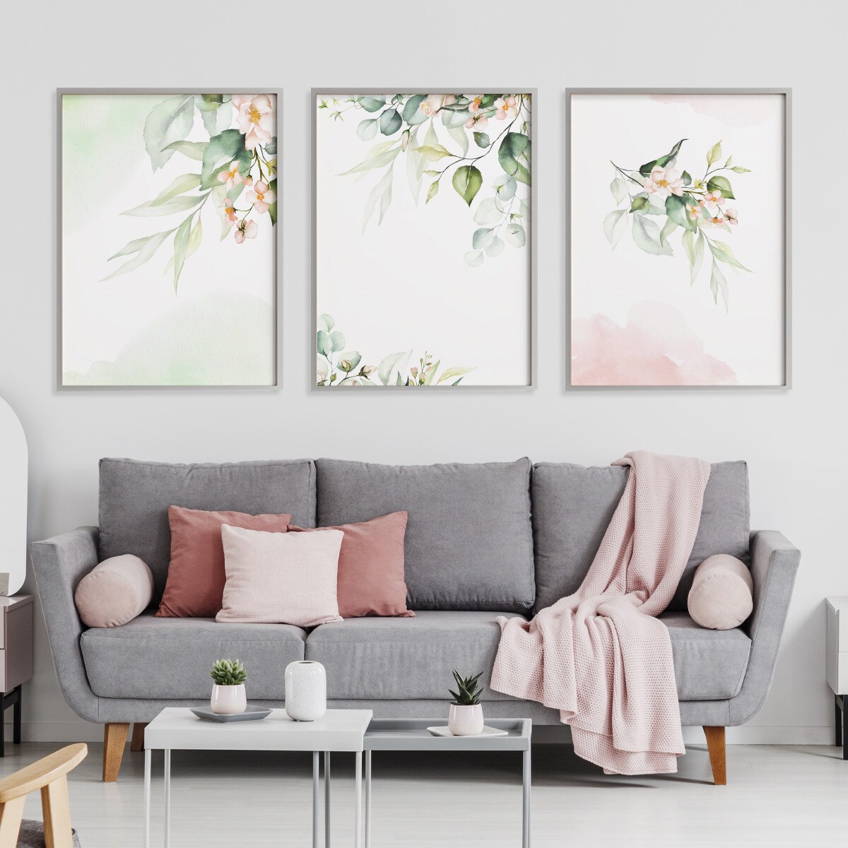 Zestaw 3x Plakat W Ramie Akwarelowe LIŚCIE Kwiaty 60x80cm