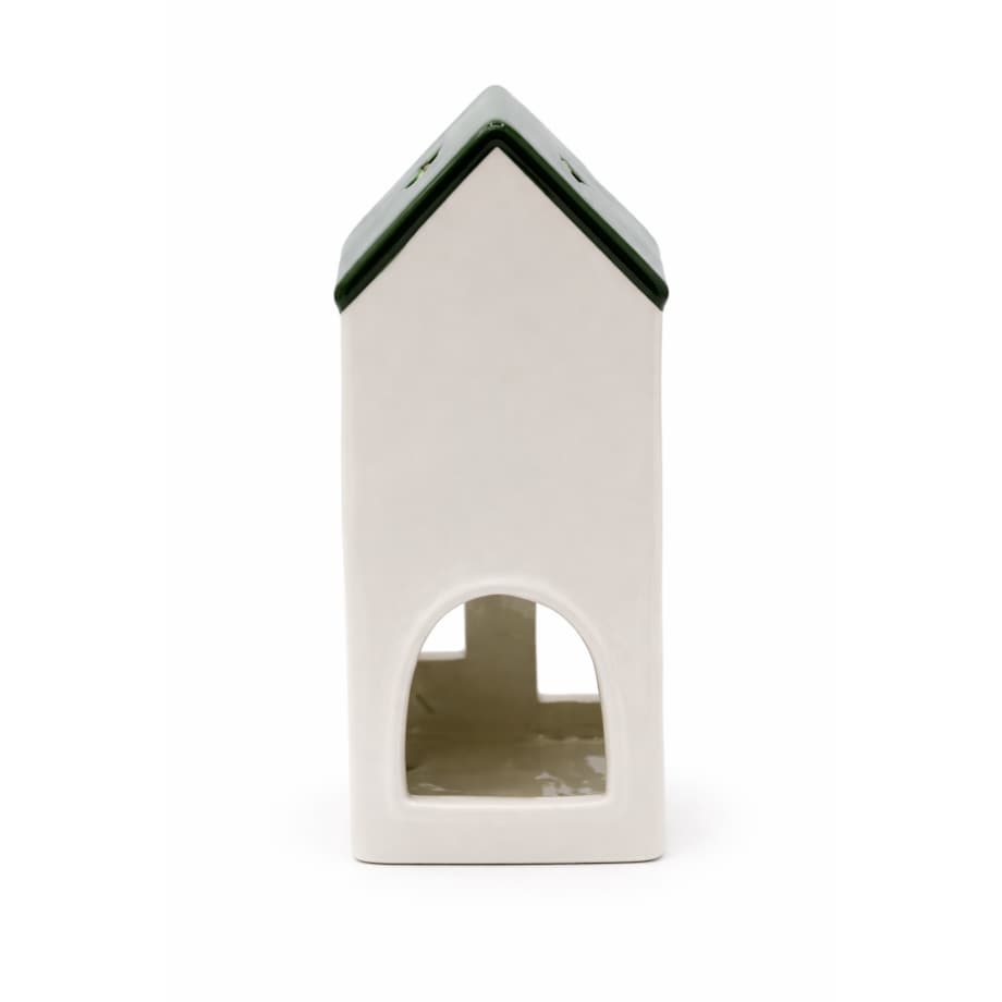 Ceramiczny domek na tea-lighty 20,4x9 x8,9 cm z czerwoną kokardą i zielonym dachem