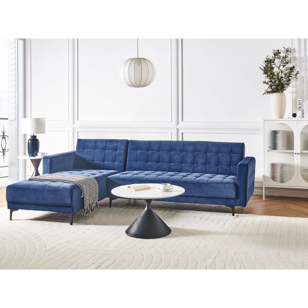 Sofa prawostronna rozkładana welurowa niebieska ABERDEEN