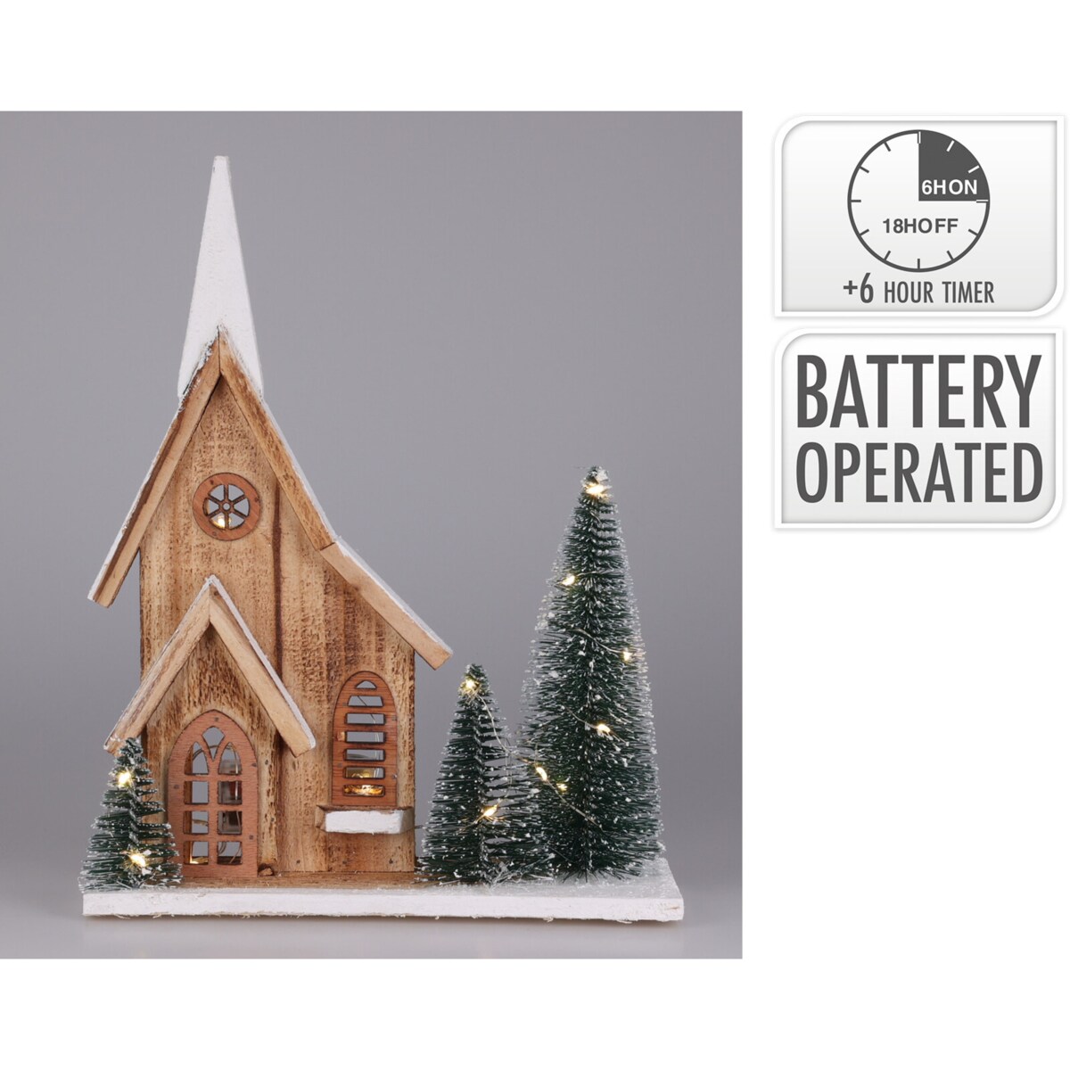 Figurka z drewna jodłowego z LED Dom, 34 cm, na baterie, kolor beżowy