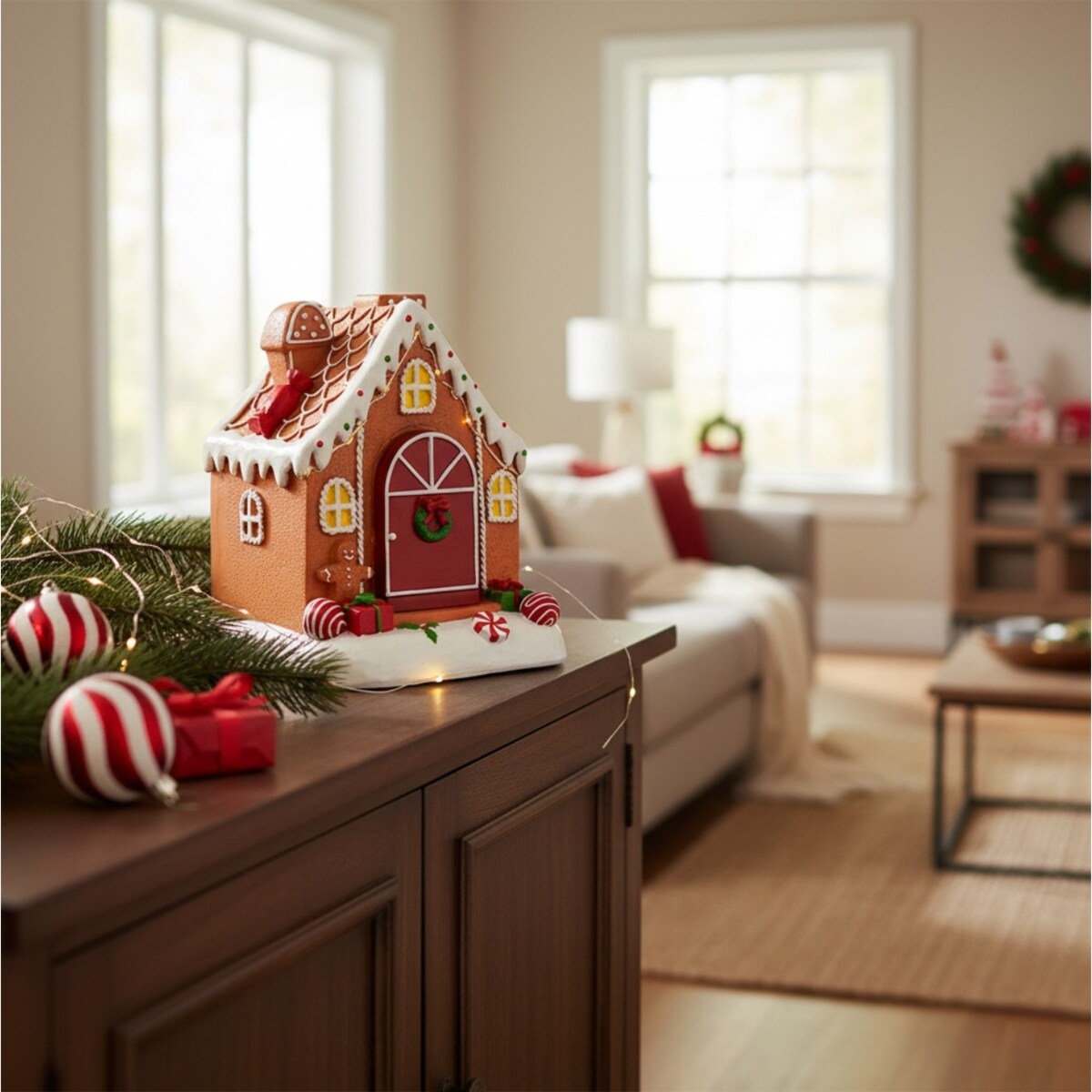 Dekoracja LED Domek z piernika 16,2x13,5x13,5 cm ruchomy z melodyjką