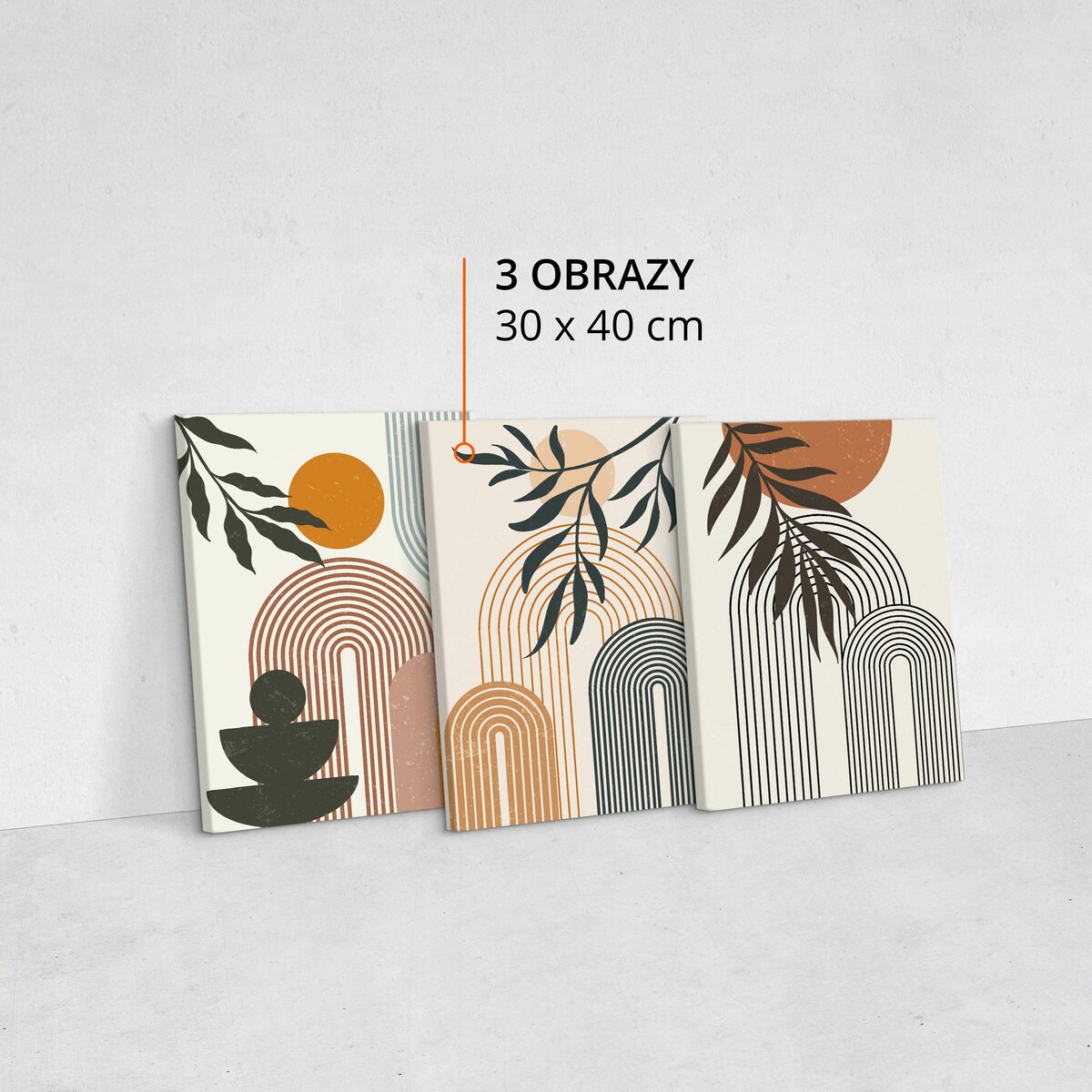 OBRAZY NA PŁÓTNIE SET STYL BOHO LIŚCIE AZTECKIE ORNAMENTY ABSTRAKCJA 90x40cm