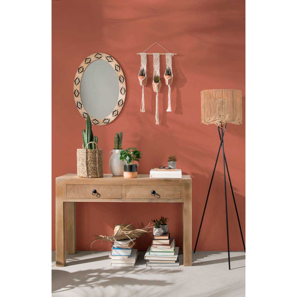 Makrama kwietnik na ścianę, 3 sztuczne rośliny