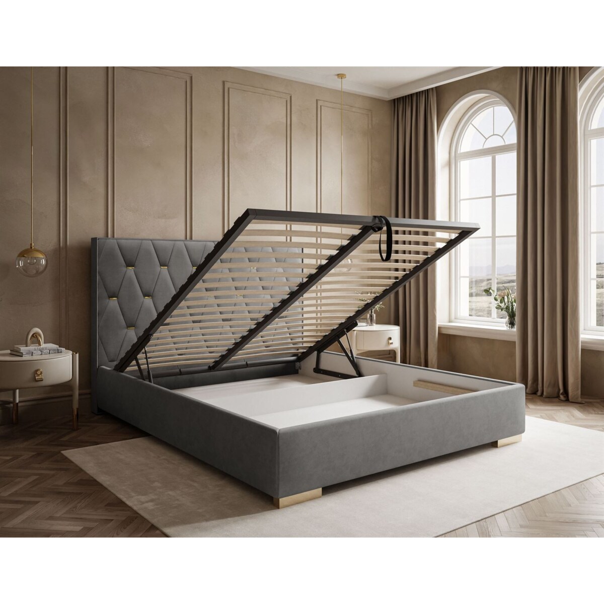 Łóżko tapicerowane IZOLDA z wysokim zagłówkiem, selaż 34, 140x200, Royal Velvet 250