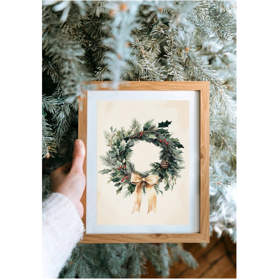 Poster Story, Plakat, Obraz - Zielony Świąteczny Wieniec z Kokardą, wymiary 21 x 30 cm