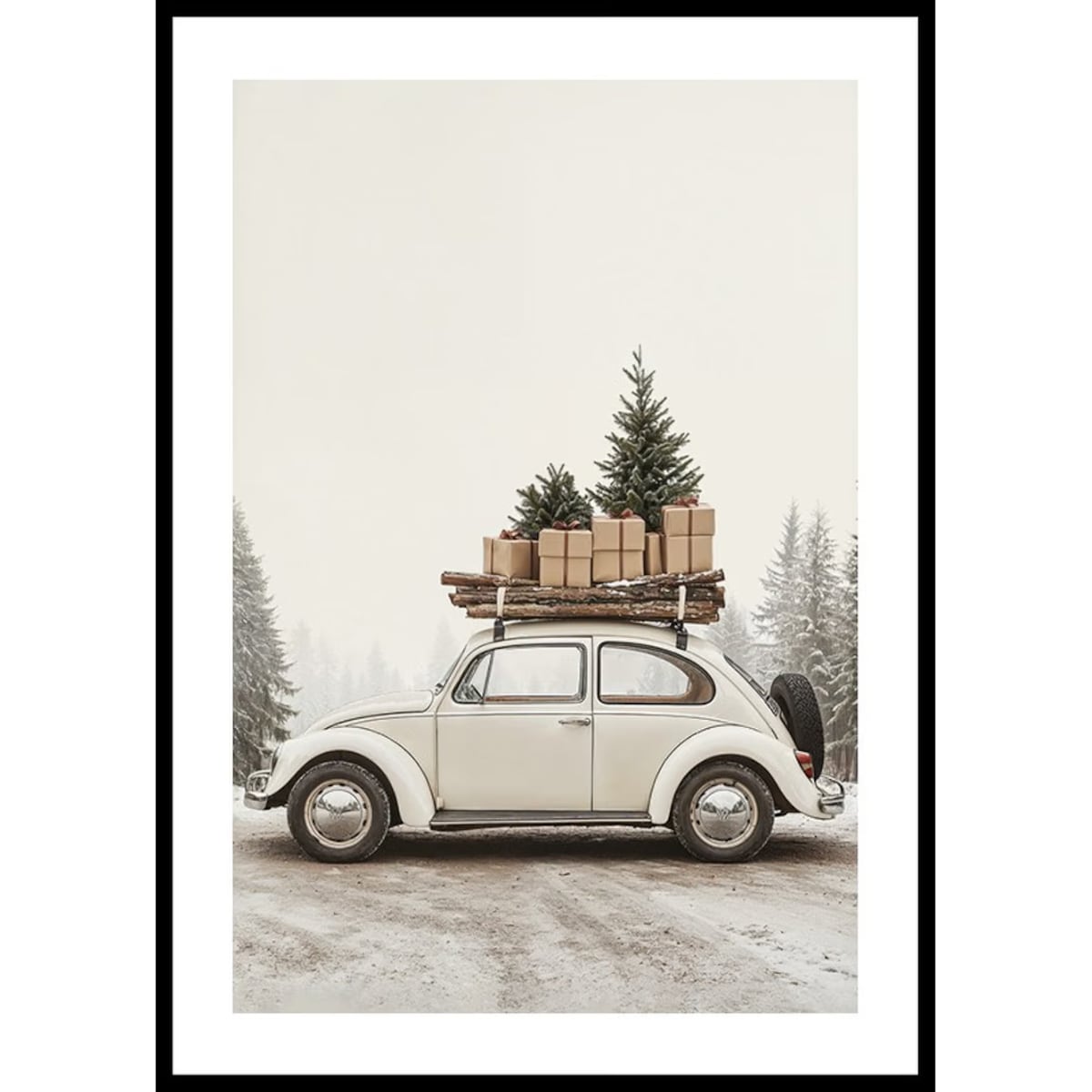 Poster Story, Plakat, Obraz - Zabytkowy Samochód z Prezentami i Choinką, wymiary 42 x 60 cm