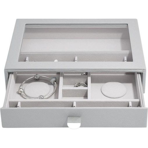 Szkatułka na charmsy Stackers Pebble classic kamienna szarość z szufladą i szklaną pokrywką