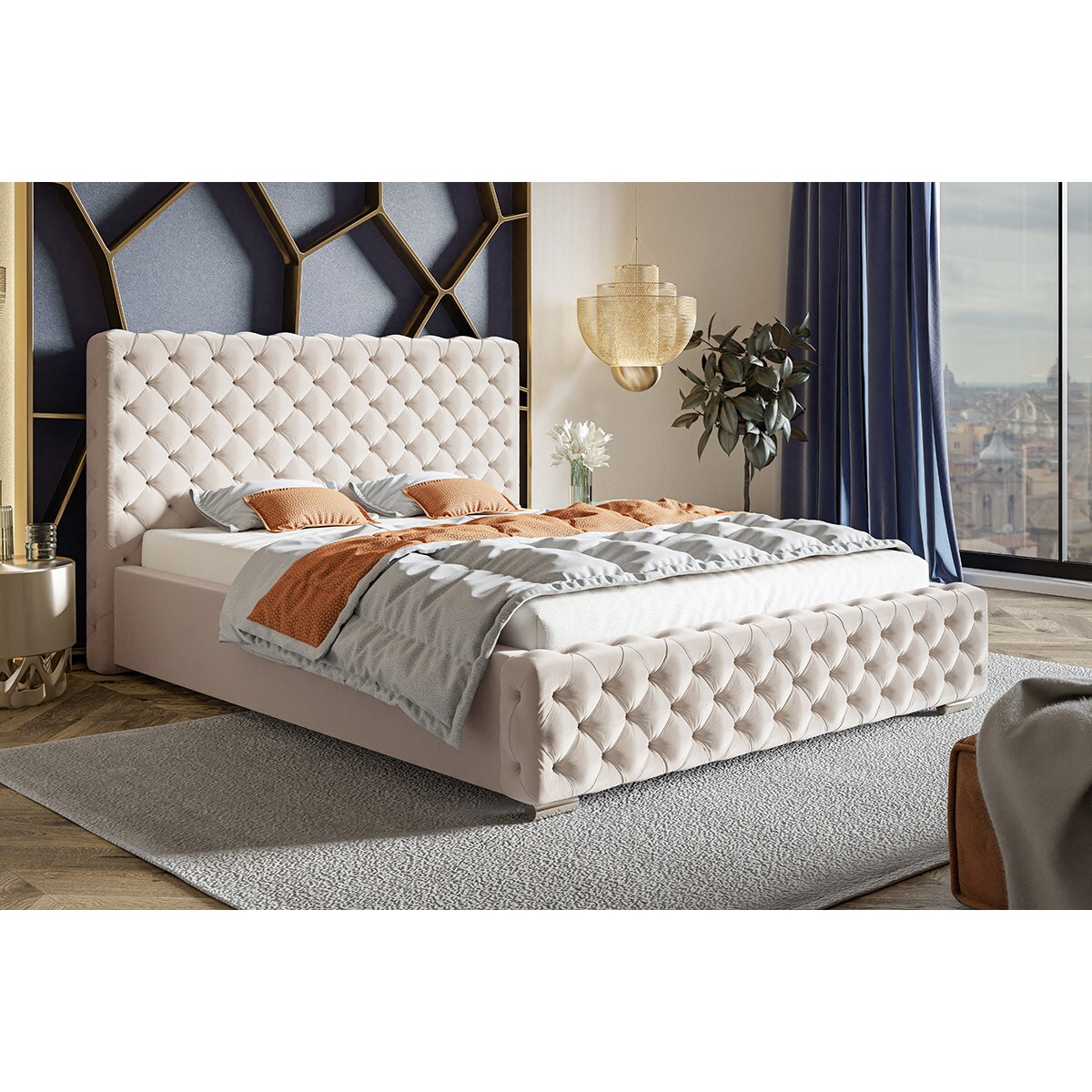 Łóżko w stylu glamour z pojemnikiem 140x200 BEN 12 - beżowe