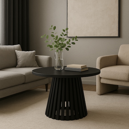 Drewniany stolik kawowy z lamelami okrągły, czarny