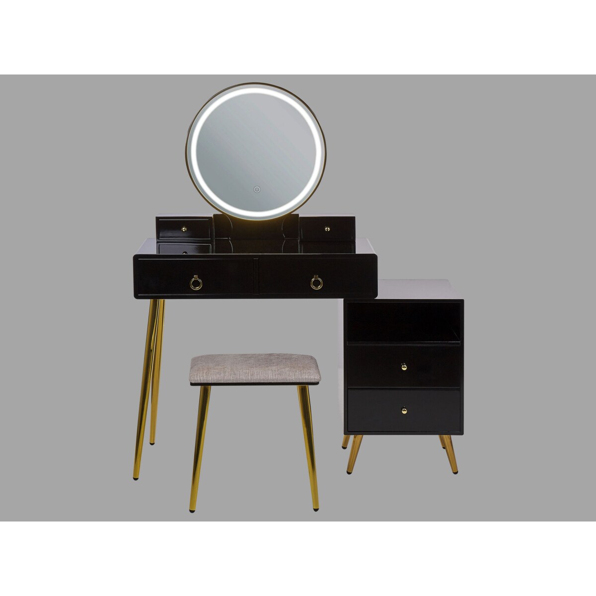 Toaletka 6 szuflad lustro LED ze stołkiem czarno-złota YVES