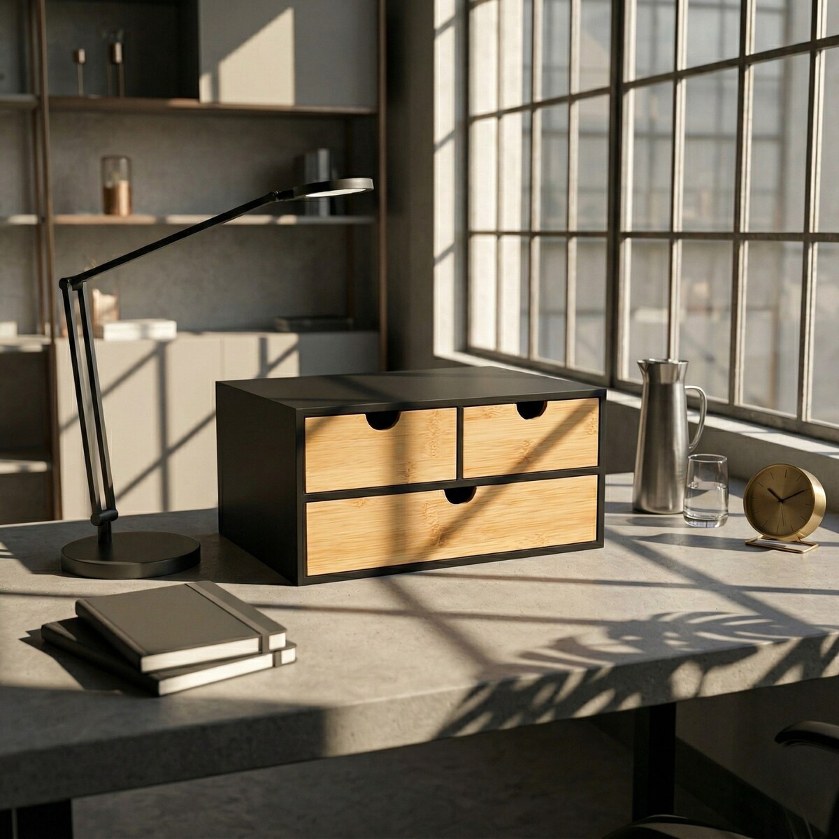 Bambusowy organizer na biurko HEGO,16 cm, 3 szufladkowy szufladkami