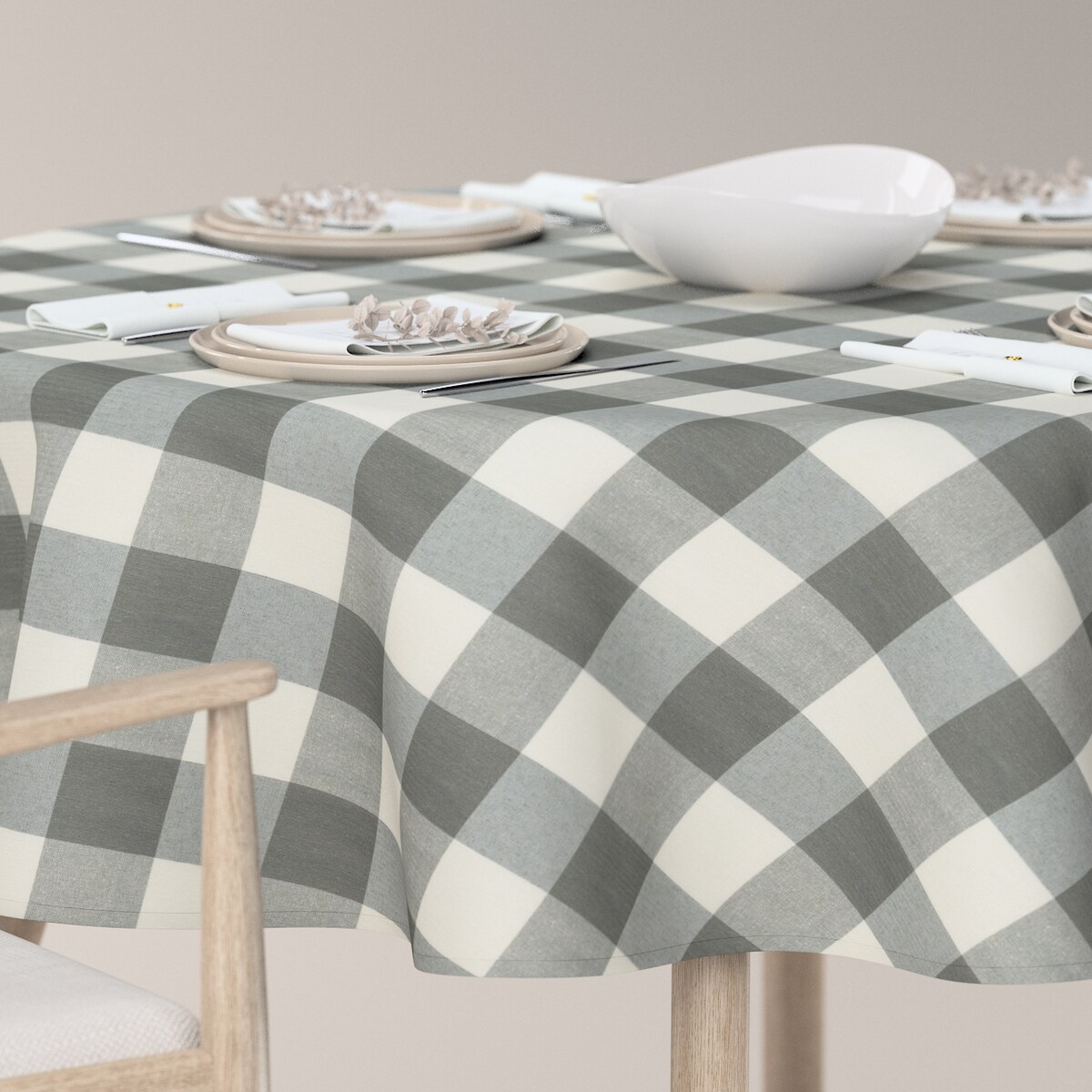 Obrus okrągły 130 x 130 cm szaro-biała krata (5,5x5,5cm)