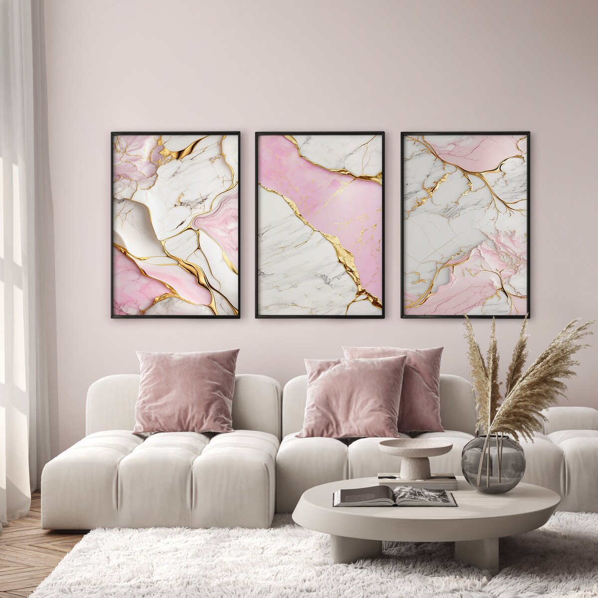 ZESTAW 3X PLAKAT W RAMIE DO SALONU ELEGANCKI RÓŻOWY MARMUR GLAMOUR 600x80cm