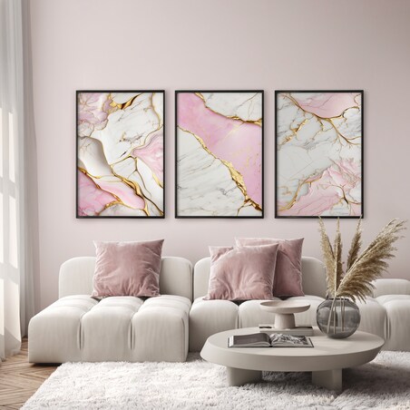 ZESTAW 3X PLAKAT W RAMIE DO SALONU ELEGANCKI RÓŻOWY MARMUR GLAMOUR 600x80cm